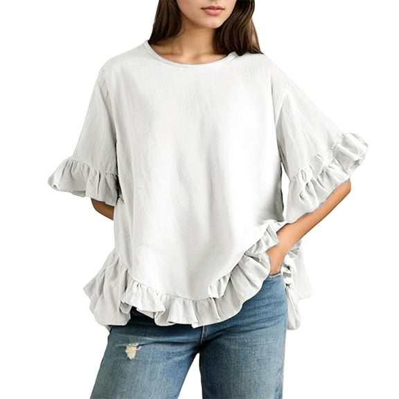Ruffle Tops for Women, Yigetop Womens Daily Casual O Neck Shirts Short Sleeve Tops Collared Blouses Loose Fit Shirt Womens Ruffle Sleeve Top White S