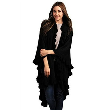 Ruffle Trim Knit Poncho-like Shawl Wrap. 44 Black