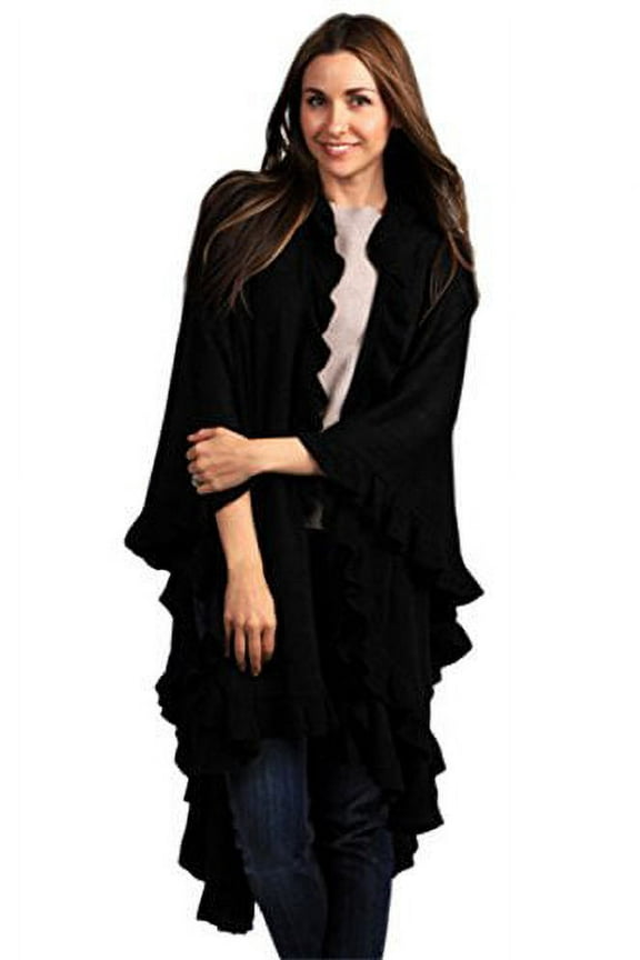 Ruffle Trim Knit Poncho-like Shawl Wrap. 44 Black