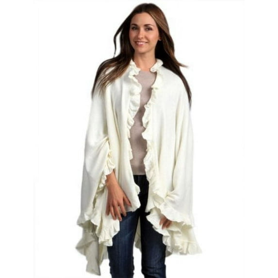 Ruffle Trim Knit Poncho-like Shawl Wrap. 44"x78".one Piece. (Ivory, One Size)
