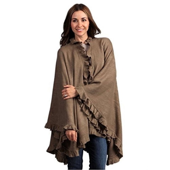 Ruffle Trim Knit Poncho-like Shawl Wrap. 44"x78". one Piece. Mocha