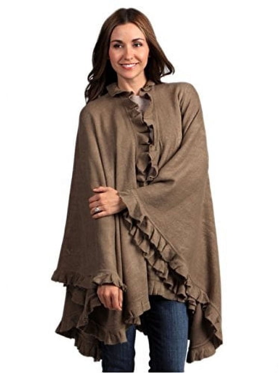 Ruffle Trim Knit Poncho-like Shawl Wrap. 44"x78". one Piece. Mocha