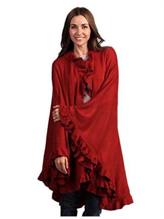 Adult Red Knit Poncho-like Shawl Wrap, with Ruffle Trim for Women Casual