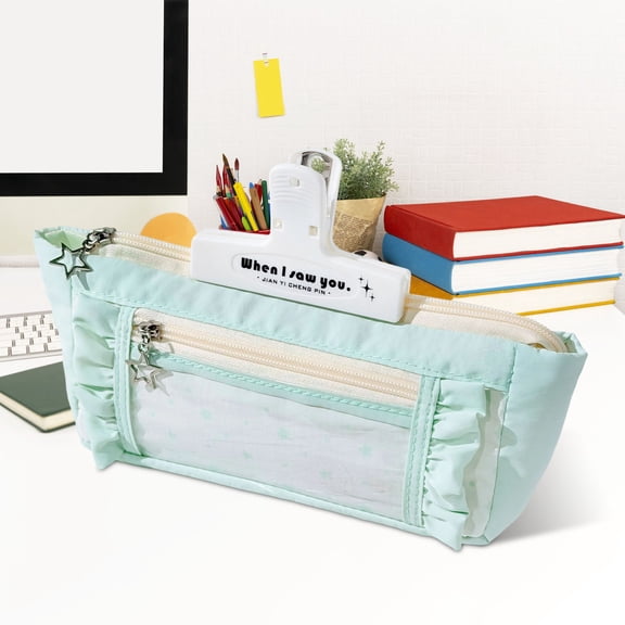 Ruffle Trim Star Print Dual Independent Zipper Pencil Pouch Matching Decorative Lightweight Waterproof Polyester Front Transparent for Office