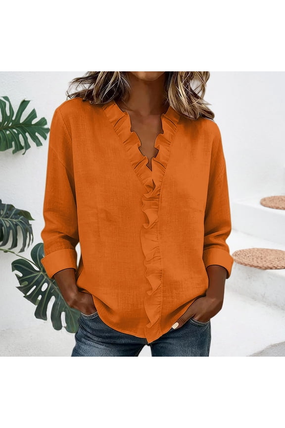Ruffle V Neck Blouse Boho Tops Trendy Ruffle Tops Lightweight Stand Collar Dressy Business Tops Long Sleeve Ruffle Pleated Shirts Casual Preppy Tops Ruffle Front Shirt Business Tops Orange S