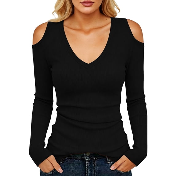 Ruffle V Neck Blouses for Women's Cold Shoulder Shirts - V-Neck Ribbed Slim Fits Tops - Stretchy Comfy Long Sleeve Daily Layering Base Top