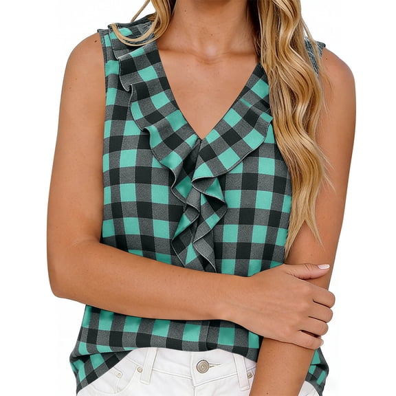 Ruffle V Neck Tank Tops for Women Summer Vintage Plaid Sleeveless Going Out T-Shirt Loose Blouses