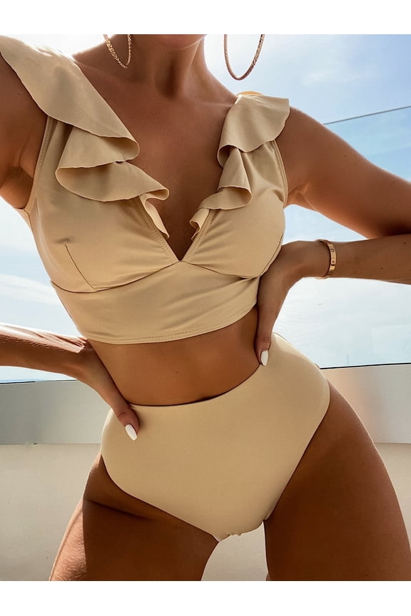 Ruffle V Neck Two Piece Swimsuits For Women, High Waisted Sexy Bathing Suits Women's Bikini Set Ladies Swimwear Apricot