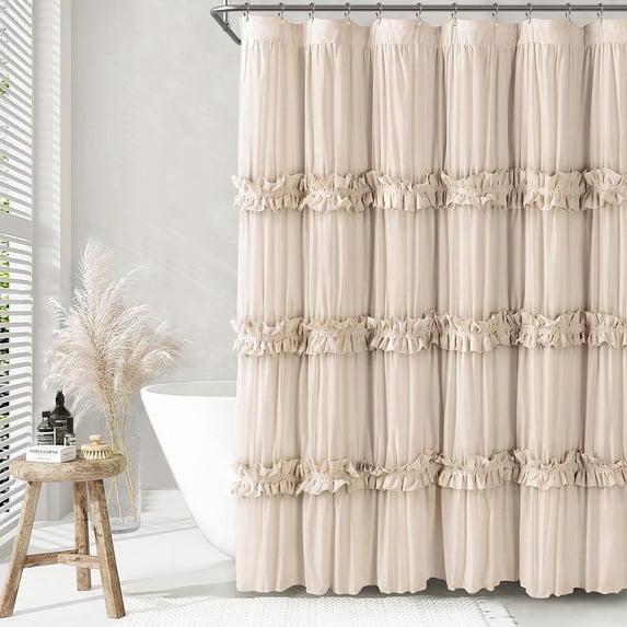 Psoiuetr Ruffle Vintage Shower Curtain Boho Farmhouse Shower Curtain for Bathroom Beige 72" L x 72" W