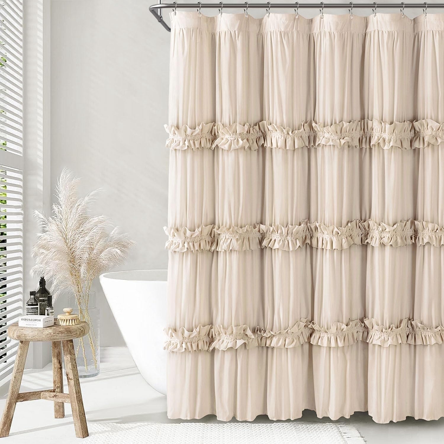 Psoiuetr Ruffle Vintage Shower Curtain Boho Farmhouse Shower Curtain for Bathroom Beige 72" L x 72" W