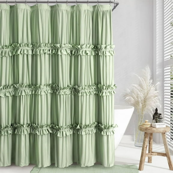 Psoiuetr Ruffle Vintage Shower Curtain Boho Farmhouse Shower Curtain for Bathroom Green 72" L x 72" W