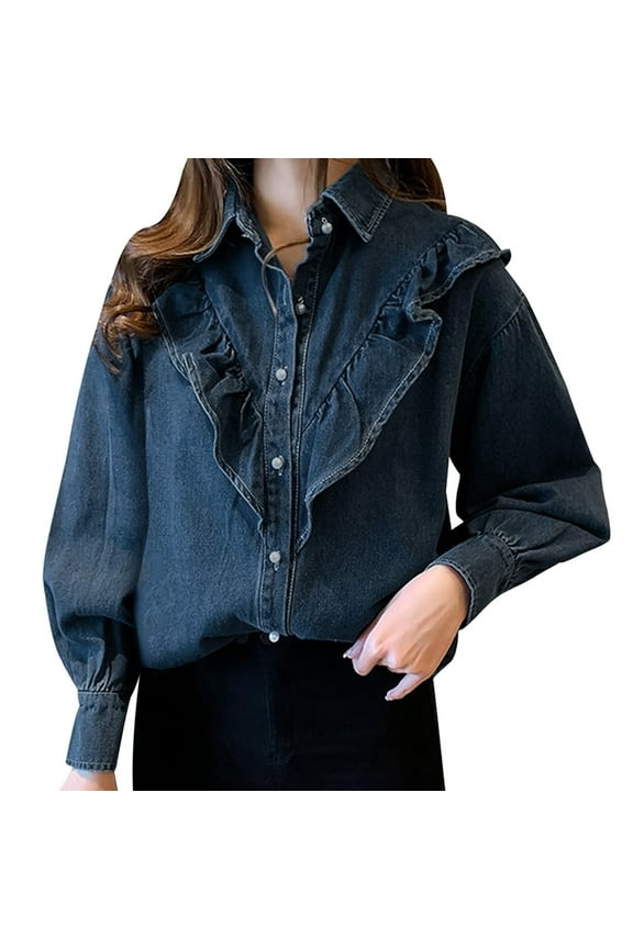 Ruffle Women Denim Shirt Jackets Fashion Pearl Button Down Irregular Hem Jean Blouse 2025 Fall