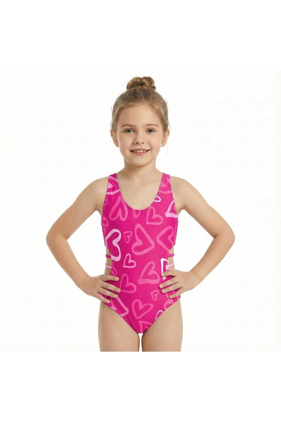 Girls One Piece Swimsuits Girls Bathing Suits Size 7-8 Cute Heart Pattern Red