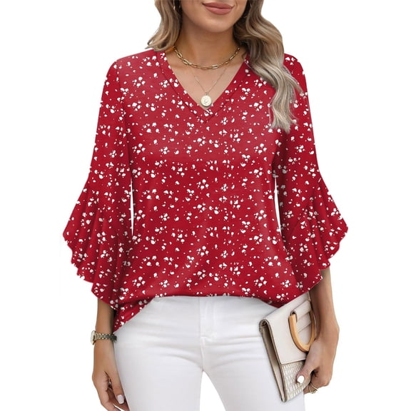 Ruffled 3/4 Sleeve V Neck Tunics Shirt Women's Floral Print V Neck Loose Top