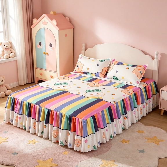 Ruffled Bed Skirt with Pillowcases 3 Piece Set, Elastic Bedspread Cover for Standard Bed, Polyester Fabric Bed Sheet with Ruffle Trim, 71x79 Inch for Bedroom, Guest Room and Dorm Decor