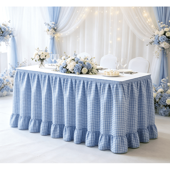 Ruffled Blue Check Table Skirting, Wrap‑On Hanging Table Curtain With Attachment Strip, Dust‑Proof Table Cover For Ceremony Podium, Dinner Banquet, Celebration Display (Blue)