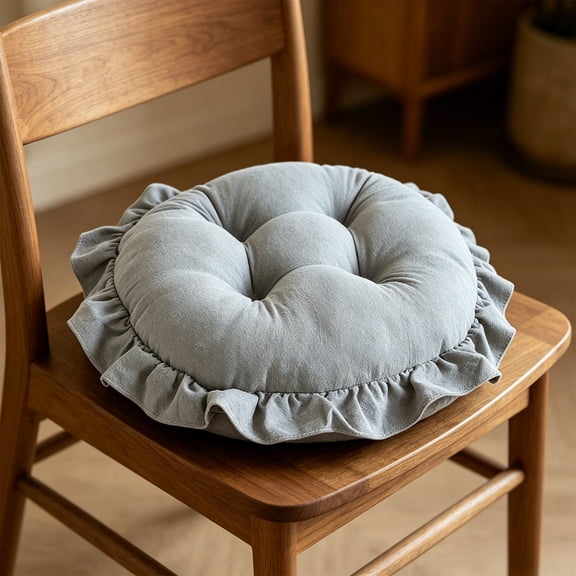 Ruffled Border Tufted Chair Cushion 16 Inch, Soft Thick Cotton Seat Pad with Non-Slip Bottom, Breathable Washed Fabric Decorative Chair Pad for Dining Room, Kitchen, Bedroom & Window Stool, Gray
