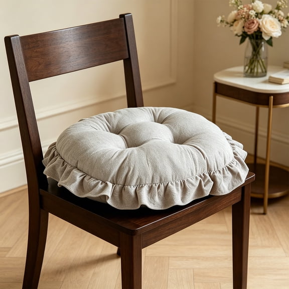 Ruffled Border Tufted Chair Cushion 16 Inch, Soft Thick Cotton Seat Pad with Non-Slip Bottom, Breathable Washed Fabric Decorative Chair Pad for Dining Room, Kitchen, Bedroom & Window Stool, Khaki