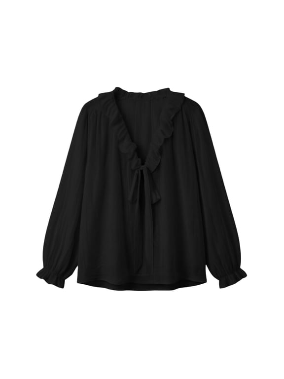Ruffled Chiffon Blouses for Women, V Neck Lantern Sleeve Blouse Boho Plain Shirt Cute Peasant Blouses Basic Tees Modest Flowy Tops Loose Fit Tee Shirt Women Ladies Casual Tops,Black,L