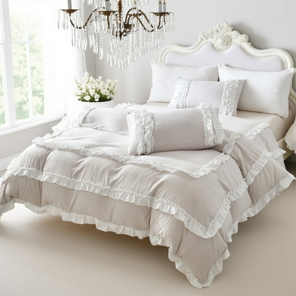 Ruffled Comforter Set 3 Pieces Boho Bedding Set Pleated Ruffle Fringe Shabby Chic Bedding Super Soft Cozy Bed Comforter All Season