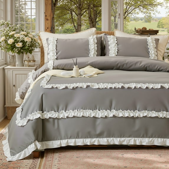 Ruffled Comforter Set 3 Pieces Boho Bedding Set Pleated Ruffle Fringe Shabby Chic Bedding Super Soft Cozy Bed Comforter All Season