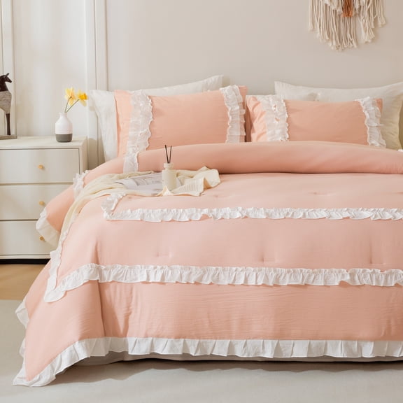 Ruffled Comforter Set 3 Pieces Boho Bedding Set Pleated Ruffle Fringe Shabby Chic Bedding Super Soft Cozy Bed Comforter All Season