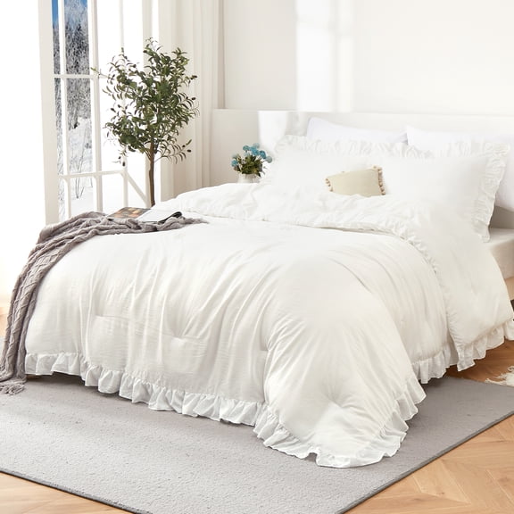 Ruffled Comforter Set Twin Size Soft Washed Microfiber Lightweight All Season Vintage French Country Bedding with 2 Pillow Shams for Bedroom Guest Room White