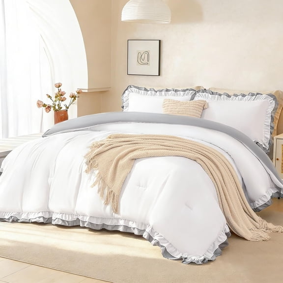 Ruffled Comforter Set White - Double Ruffle White Comforter 5 count Shabby Chic Bedding - Lightweight - Reversible Bed Set (White and Gray, )