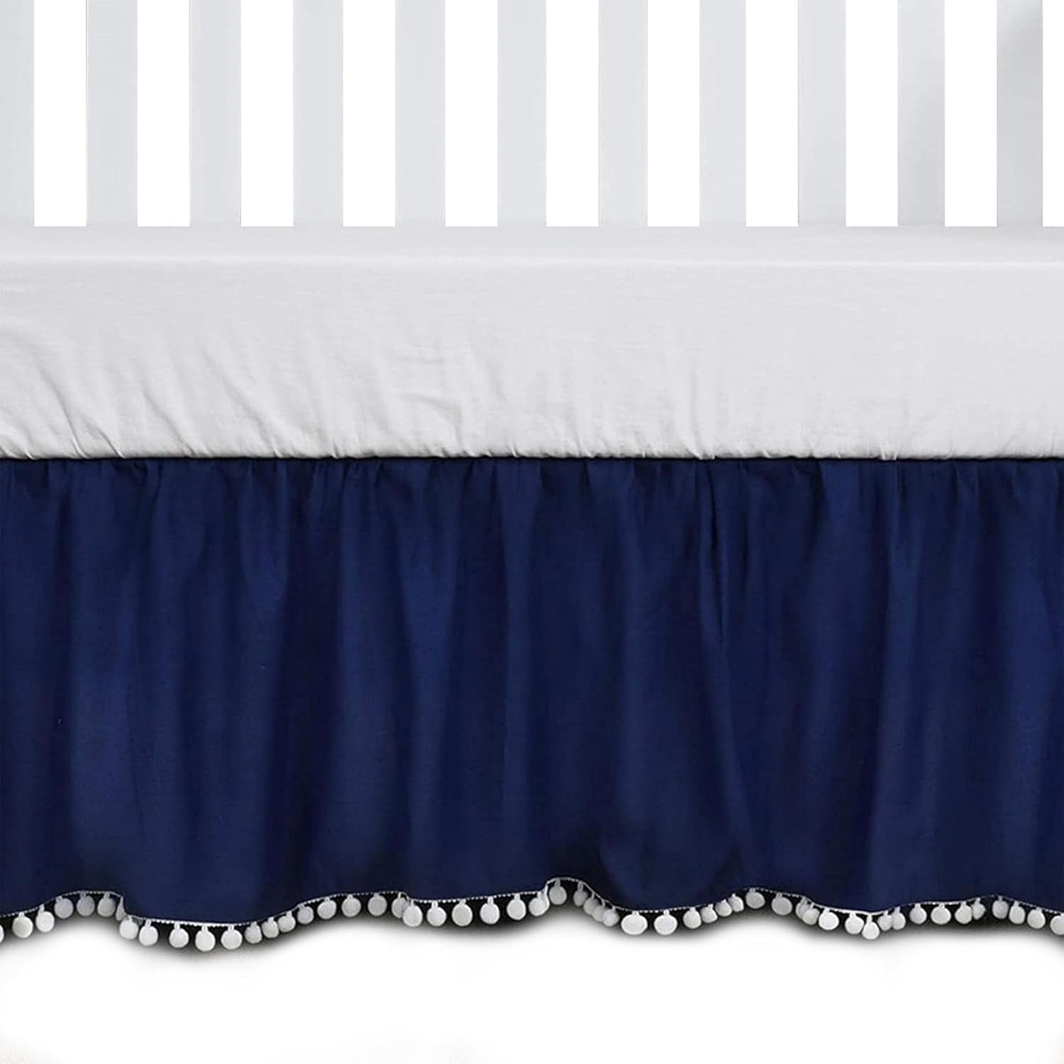 Ruffled Crib Skirt with Pompoms:Crib Bed Skirt with 14" Drop,Mini Crib Bedding Toddler Skirt,Baby Crib Accessories for Baby Boys Girls,28" X 52" (Dark Blue)