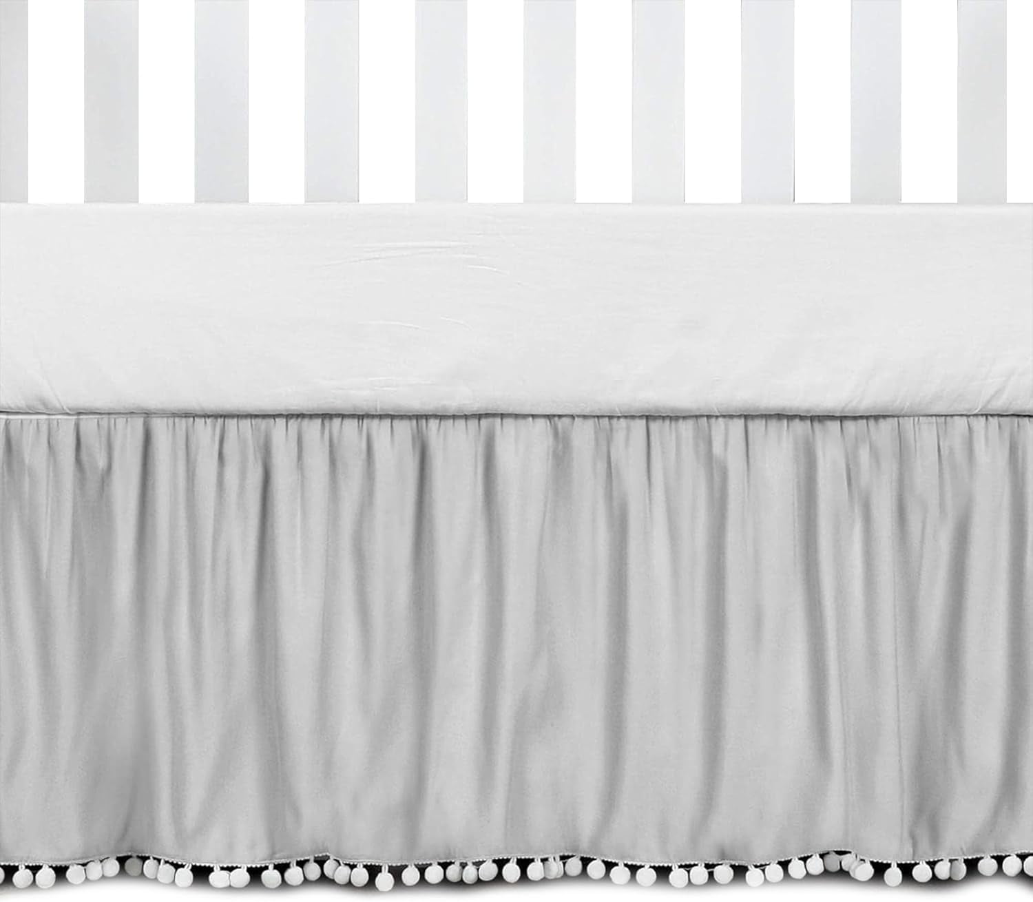 Ruffled Crib Skirt with Pompoms:Crib Bed Skirt with 14" Drop,Mini Crib Bedding Toddler Skirt,Baby Crib Accessories for Baby Boys Girls,28" X 52" (Gray)