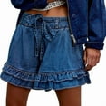thumbnail image 1 of Ruffled Denim Shorts for Women Drawstring High Waisted Baggy Wide Leg Jean Shorts Y2k Streetwear Dark Blue L, 1 of 4