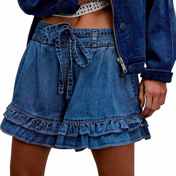 Ruffled Denim Shorts for Women Drawstring High Waisted Baggy Wide Leg Jean Shorts Y2k Streetwear Dark Blue M