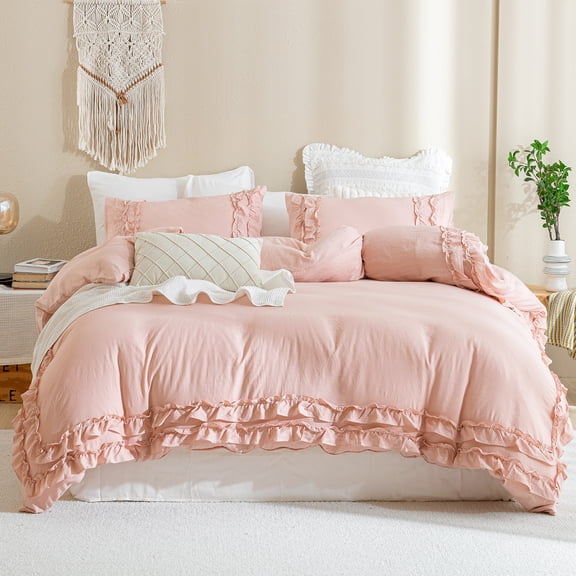 Ruffled Duvet Cover Set Boho Chic Bedding Set Pleat Ruffled Shabby Chic Comforter Cover Extra Soft & Easy Care White Boho Duvet Cover with Zipper Closure