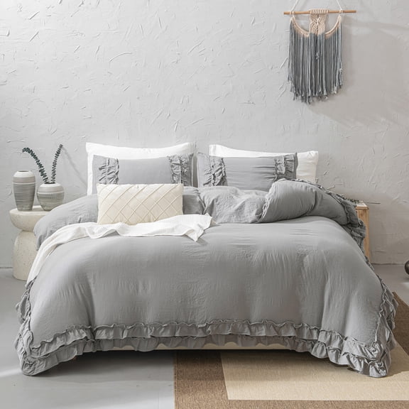 Ruffled Duvet Cover Set Boho Chic Bedding Set Pleat Ruffled Shabby Chic Comforter Cover Extra Soft & Easy Care White Boho Duvet Cover with Zipper Closure