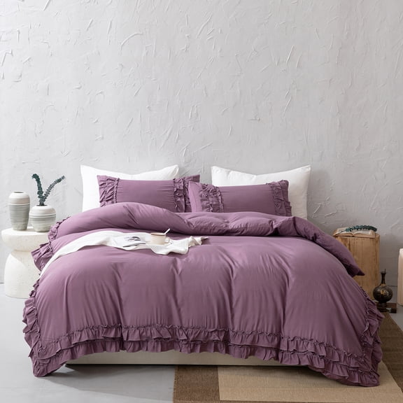 Ruffled Duvet Cover Set Boho Chic Bedding Set Pleat Ruffled Shabby Chic Comforter Cover Extra Soft & Easy Care White Boho Duvet Cover with Zipper Closure