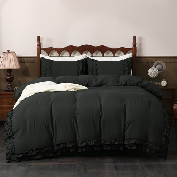 Ruffled Duvet Cover Set Boho Chic Bedding Set Pleat Ruffled Shabby Chic Comforter Cover Extra Soft & Easy Care White Boho Duvet Cover with Zipper Closure