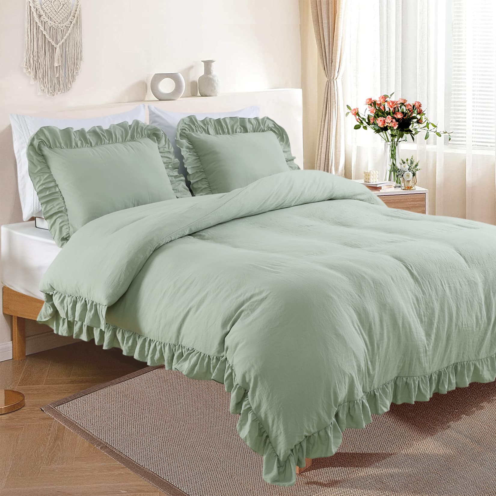 Ruffled Duvet Cover Twin/Queen/King Size, 3 Pieces Soft Washed Microfiber Duvet Cover Set, Shabby Chic Home Bedding Duvet Covers with Button Closure