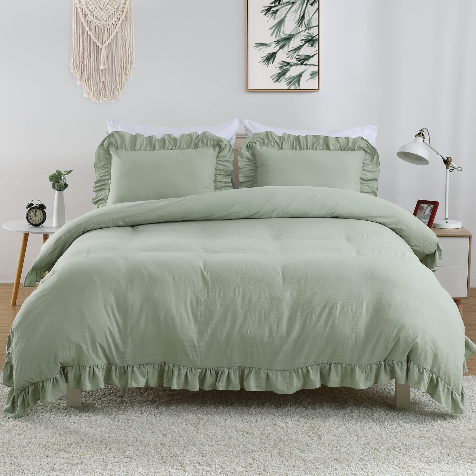 Ruffled Duvet Cover Twin/Queen/King Size, 3 Pieces Soft Washed Microfiber Duvet Cover Set, Shabby Chic Home Bedding Duvet Covers with Button Closure