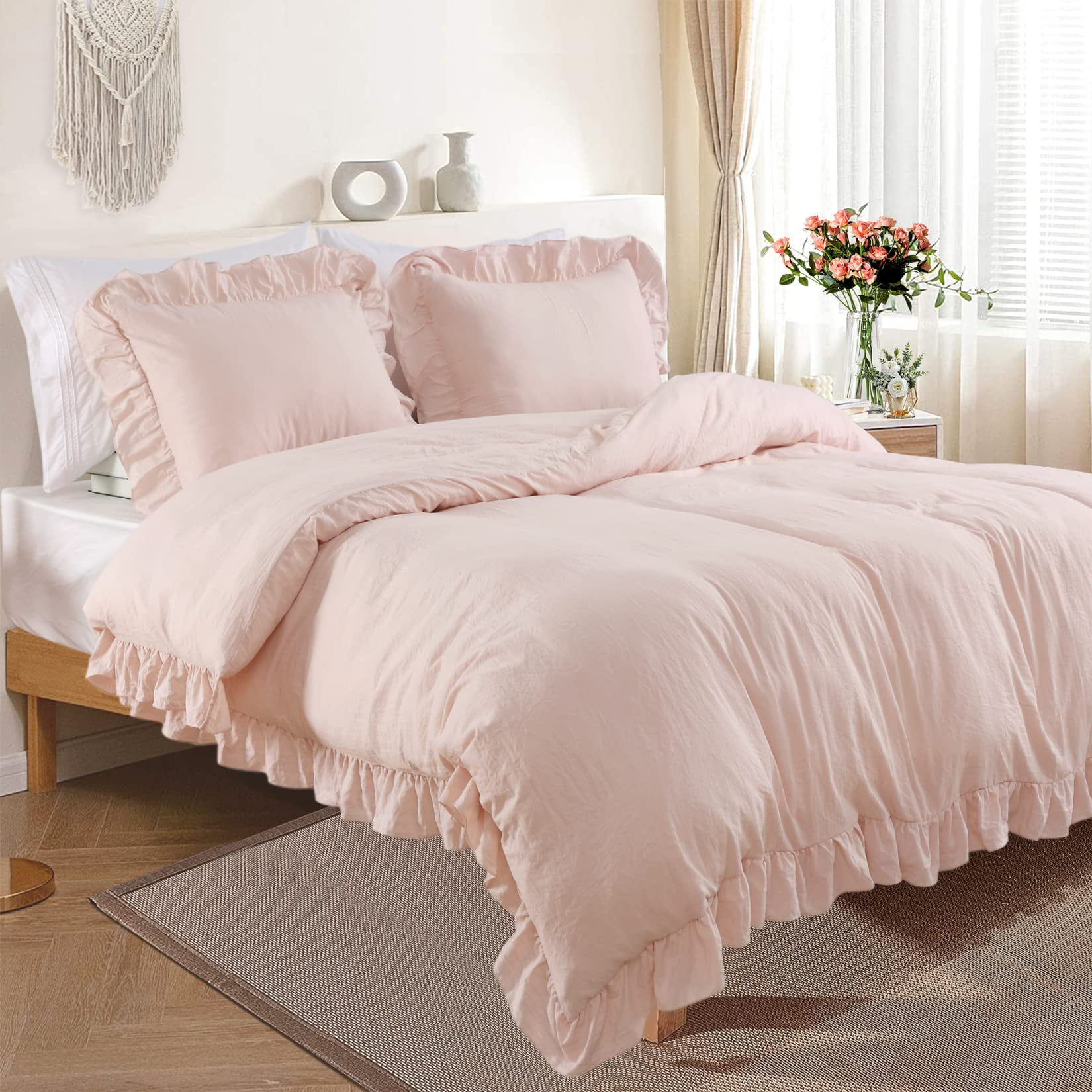 Ruffled Duvet Cover Twin/Queen/King Size, 3 Pieces Soft Washed Microfiber Duvet Cover Set, Shabby Chic Home Bedding Duvet Covers with Button Closure