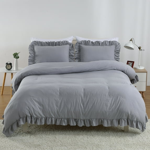 Ruffled Duvet Cover with Pillowcase, Soft Washed Microfiber Vintage Duvet Cover Set