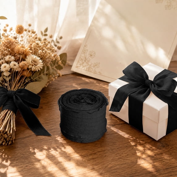 Ruffled Edge Iridescent Fishtail Organza Ribbon, Lace Trim Pleated Ribbon for Women's Day Decor, DIY Hair Bow Party Garland Wedding Decoration Craft Supply, Black