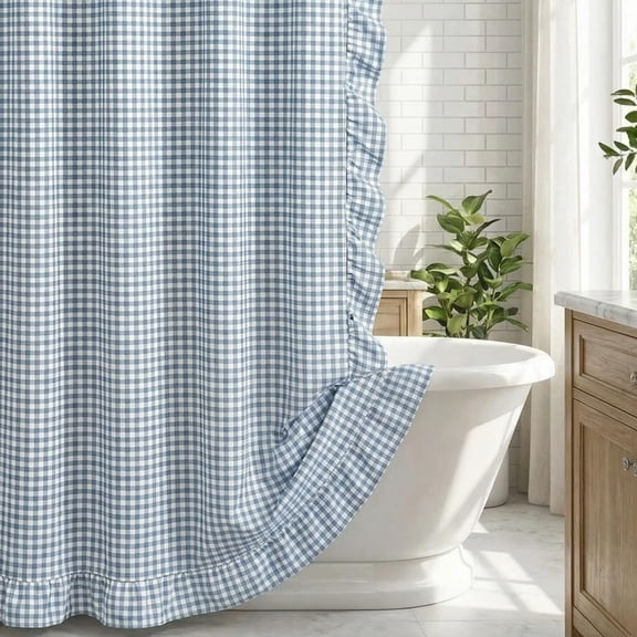 Ruffled Gingham Shower Curtain Dusty Blue