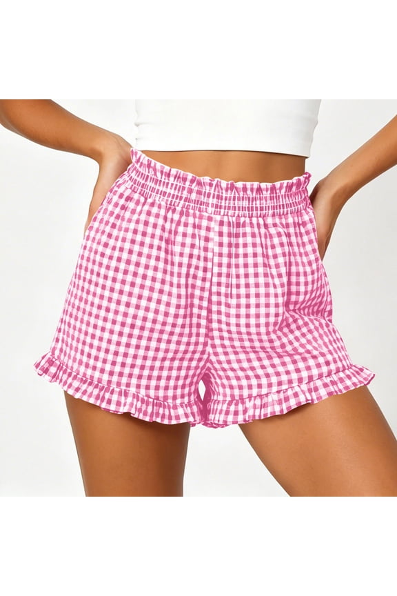 Ruffled High Waist Plaid Shorts for Women Women's Ruffled High Waist Plaid Shorts With Belted Detail And Side Pockets Women's Flowy Feminine Belted Bottoms