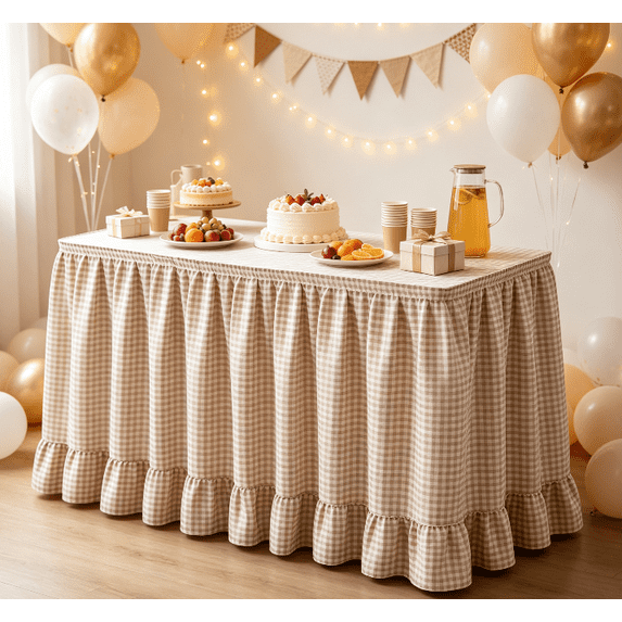 Ruffled Khaki Check Table Skirting, Wrap‑On Hanging Table Curtain With Attachment Strip, Dust‑Proof Table Cover For Ceremony Podium, Dinner Banquet, Celebration Display (Khaki)