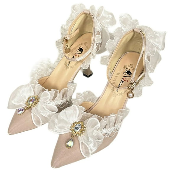 Ruffled Lace Pearl Chain Wedding Shoes for Women Japanese Elegant Bowknot Rhinestones Closed Toe Pointed High Heel