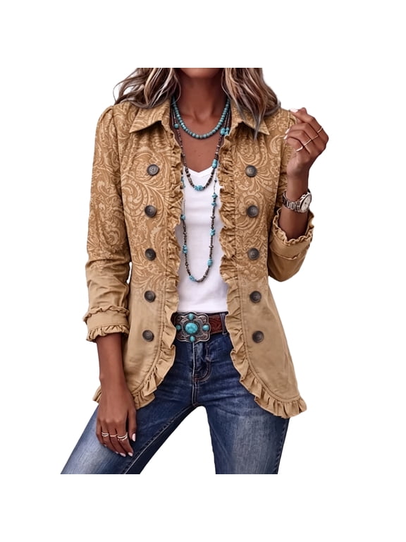 Ruffled Lapel Collar Blazers for Women Long Sleeve Fashion Print Single Breasted Jacket Vintage Casual Western Office Coat Brown M