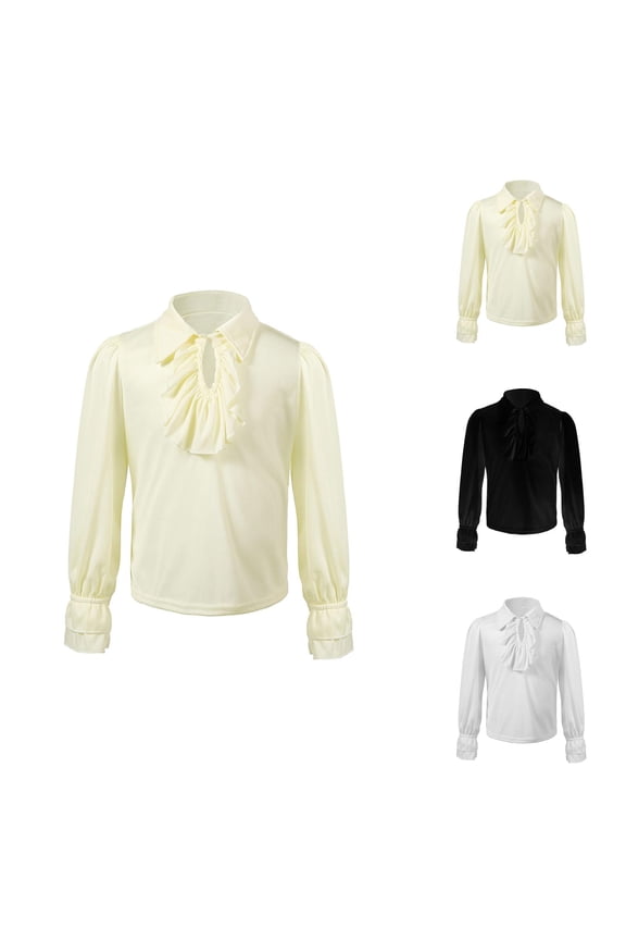 Ruffled Toddler Boys Shirt, Renaissance Lace-Up Scottish Jacobite Tunic Top, Long Sleeve Retro Lapel Collar Lightweight Solid Outfit for Spring Halloween