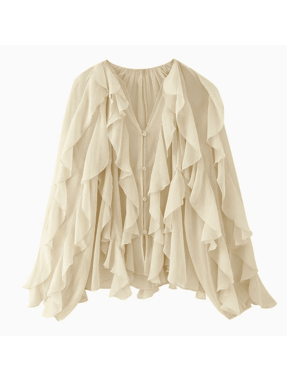 Ruffled Multi-Layered Summer Blouse for Women Trendy Semi See Through V-Neck Long Sleeve Button Chiffon Shirt Tops