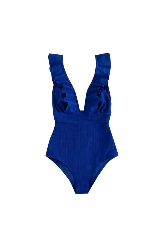 Ruffled One Piece Swimsuits for Women Sexy Plunge Open Back Ribbed Bathing Suit Tummy-Control Swimming Suit Swimwear Blue, S