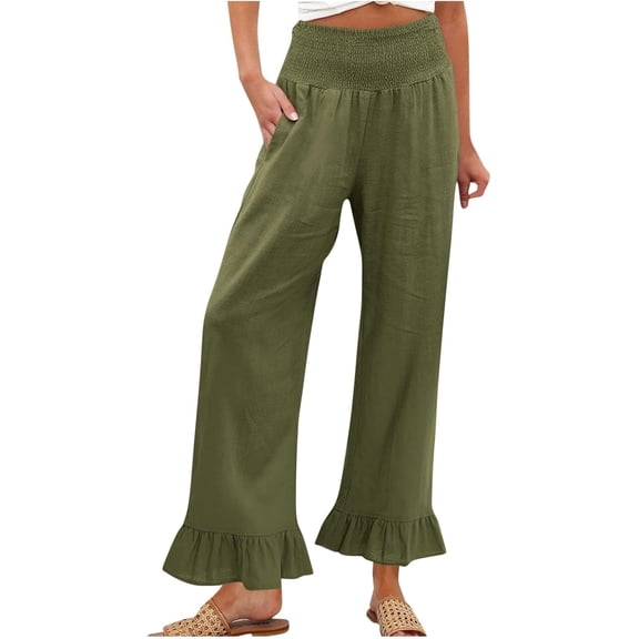 Ruffled Pants for Woman Fashion Ruffle Hem Pant Smocked Elastic High Waist Long Pants for Women Linen Spring Fall Trousers, Army Green, Medium